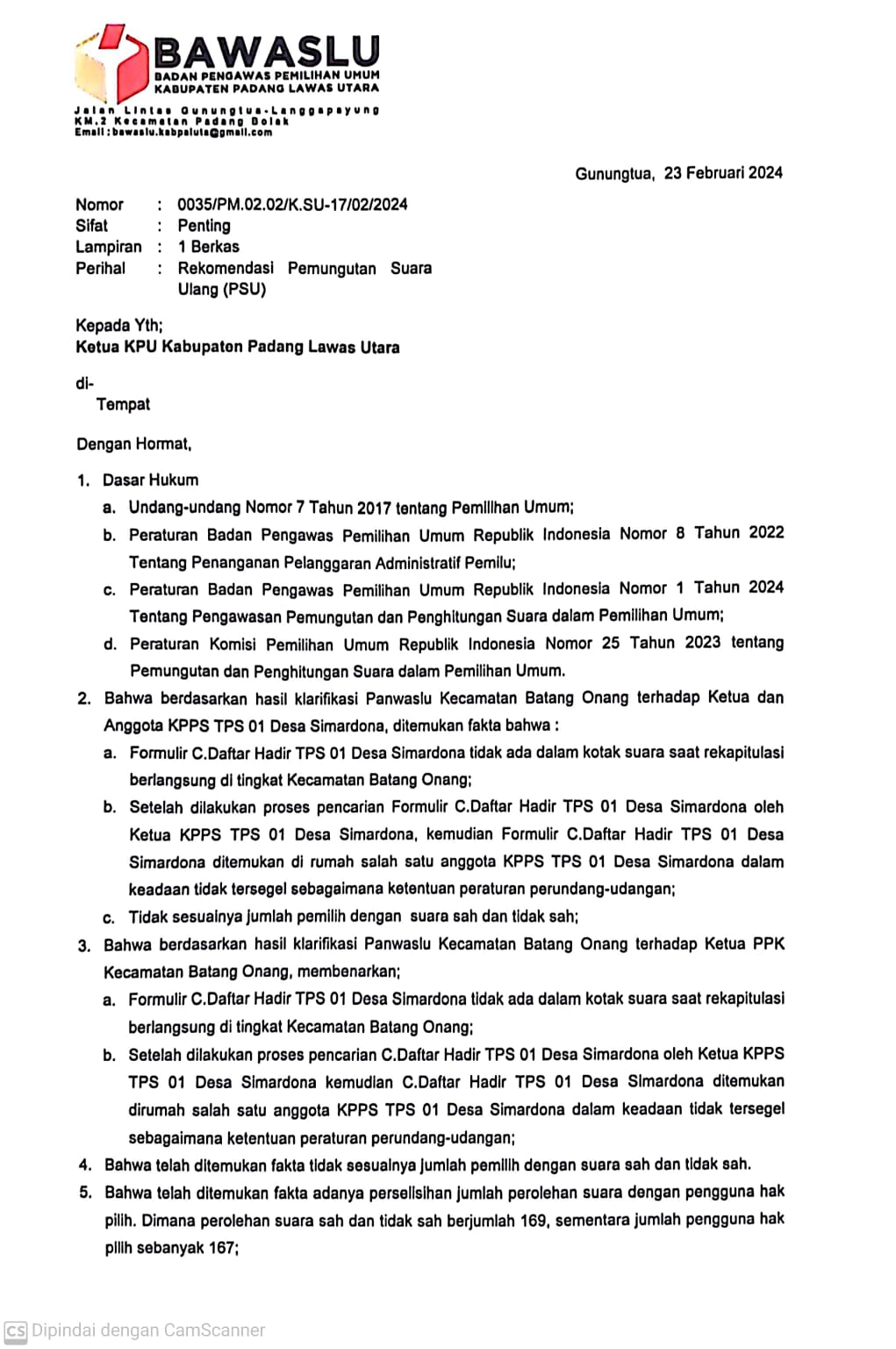 Teks foto.ist 
Surat Bawaslu Kabupaten Paluta terkait PSU Di TPS 01 Desa Simardona Kecamatan Batang Onang Paluta.